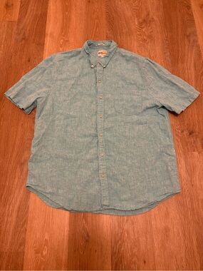 Reyn Spooner 100% Linen Short Sleeve Button Down Shirt Aqua Tailored Fit Size L